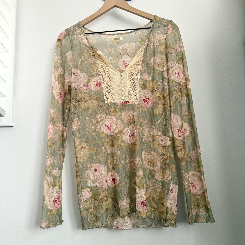Denim & Supply Ralph Lauren XL Floral Sheer Lace Blouse Sage Cottage Prairie